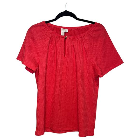 Michael Kors MK Logo Button Keyhole Crewneck Short Sleeve Blouse Top Red Size M - Picture 1 of 6